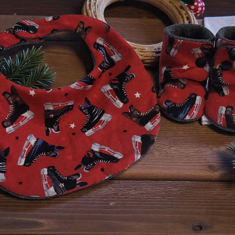 Red Ice Skate Print Baby Bib and Booties Set
